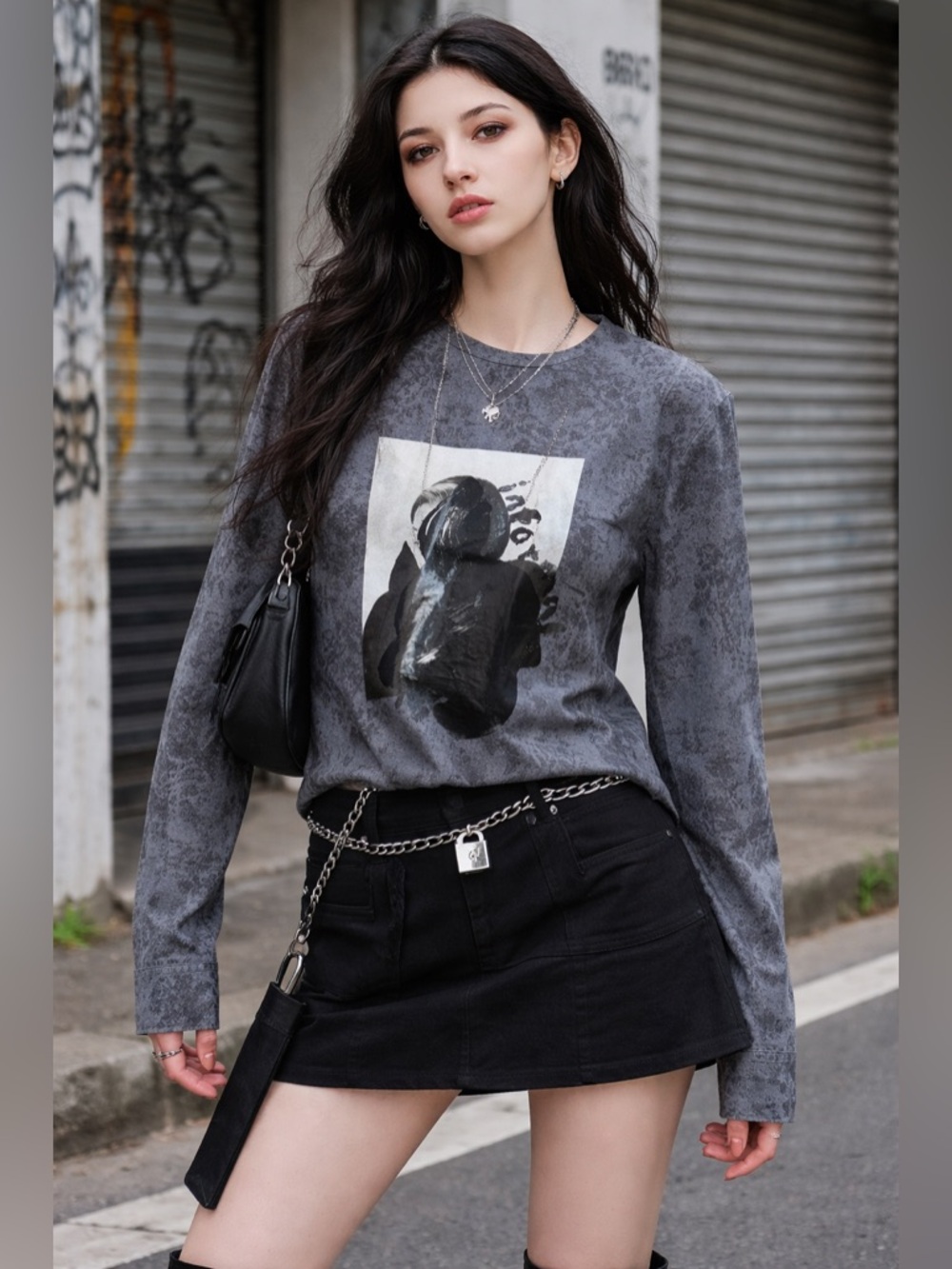 JNBY Gray Graphic Grunge Print Long Sleeve Top - Edgy Artwear Streetwear Small